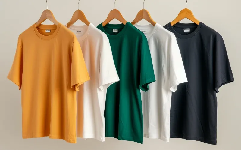 Assorted T-shirts on Wooden Hangers.webp